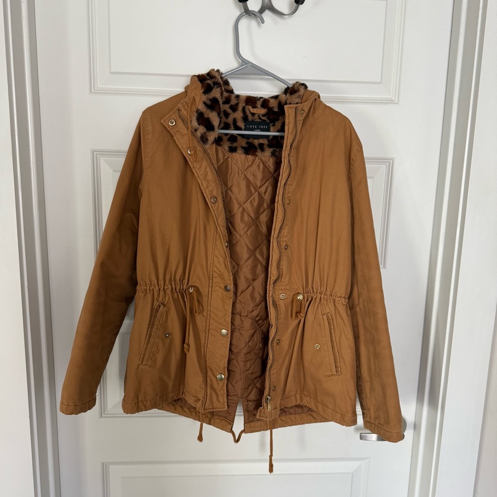 Tan and brown leopard print hooded parka jacket